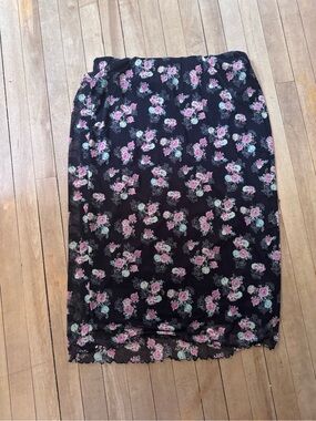 torrid Black Midi Skirt with Pink and Mint Floral Print